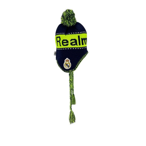 Real Madrid Knitted Winter Hat Pom Pom & Tassels Acrylic Blue Green Beanie Cozy - Picture 3 of 9